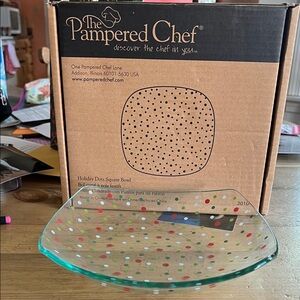 Pampered Chef Glass Square Bowl with Red, Green, Light Blue Dots